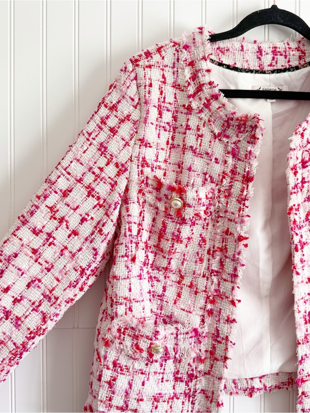 Nanette Lepore Size 12 Red White Pink Tweed Blazer - Picture 3 of 7